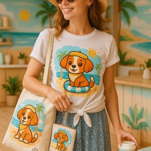 Ilustración de un perro playero de verano – Clipart PNG digital / Diseño de camiseta, taza y bolso de mano / Perro con gafas de sol y sombrero