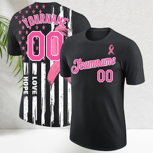 Custom Breast Cancer Awareness Jersey T-Shirt: Personalized Pink Ribbon Design