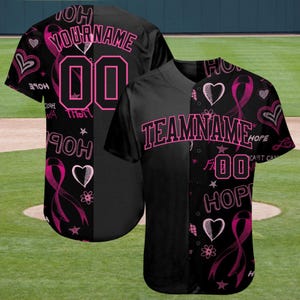 Kundenspezifisches Brustkrebsbewusstseins-Baseballtrikot, rosa Band-Hoffnungsmuster, personalisierter Teamname und Nummer, S-5XL