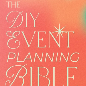 May include: A book cover with a coral, orange, and teal gradient background. The title reads "THE DIY EVENT PLANNING BIBLE" in a light green font. The author's name, Rachel Maddern, is at the bottom of the cover.