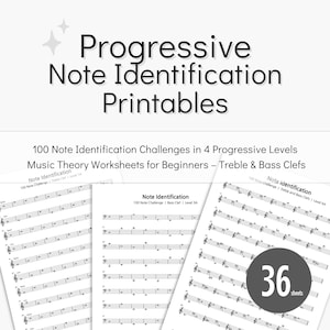 Könnte beinhalten: Musiktheorie-Arbeitsblätter für Anfänger mit Violinschlüsseln und Bassschlüsseln. Das Bild zeigt drei Arbeitsblätter mit Noten und dem Text "Note Identification". Der Text "Progressive Note Identification Printables" steht oben.