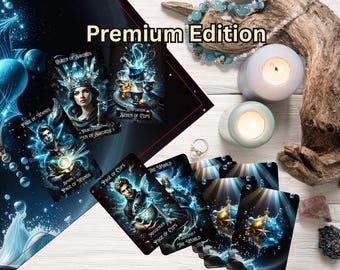 May include: A deck of tarot cards with blue and white illustrations, featuring figures and symbols. The cards are arranged with other decorative items, including candles, crystals, and jewelry. The text "Premium Edition" is visible.