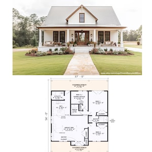 Compact Country Farmhouse 1440 - Full Building Plans/Blueprints - 3 Bedroom 2 Bath 1,440 Sq Ft - SLAB FOUNDATION