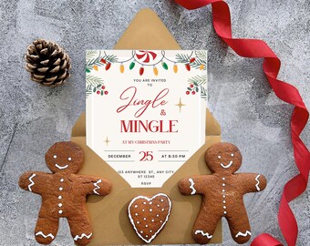 May include: A festive Christmas party invitation with the words "Jingle & Mingle" in red script. The invitation is surrounded by gingerbread men, a heart-shaped biscuit, and a pine cone, with a red ribbon and a brown envelope.
