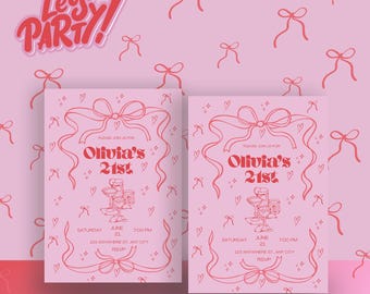 Pink 21st Birthday Invitation Template: Bow & Hearts Design (Canva Digital Download)