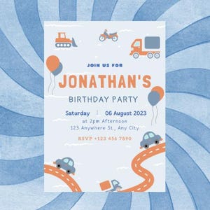 Truck Car Birthday Invitation: Editable Boy Party Invite (Digital Download, 5x7 inches)