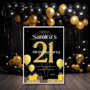 21st Birthday Invitation Template | Gold Glitter Editable Party Invite | Instant Download Digital Birthday Card | Black & Gold Invite