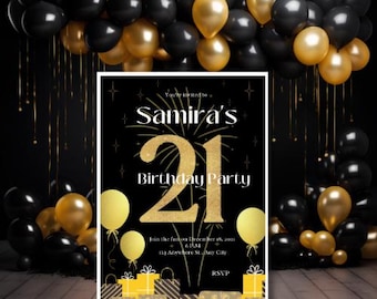 21st Birthday Invitation Template | Black & Gold Glitter (Digital Download)
