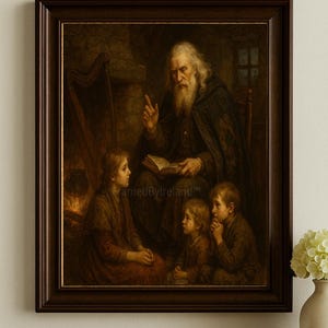 May include: A framed painting shows an old man with a long white beard reading to three children. The painting is in a dark wooden frame. A harp is visible to the left. The painting is titled "framedByIreland".