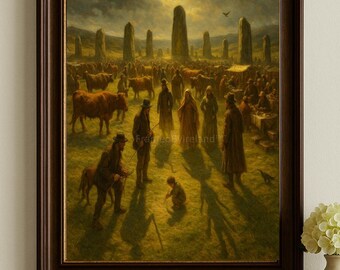 Puede incluir: Pintura enmarcada que representa una reunión en un campo con piedras en pie. Hay figuras con ropa de época, junto con ganado. La obra de arte tiene una paleta de colores cálidos, con un marco marrón oscuro.
