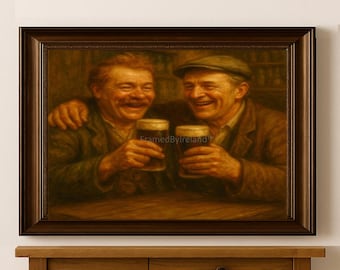 Irish Pub Oil Painting – Two Lads Drinking Beer, Celtic Decor (Digital Download)