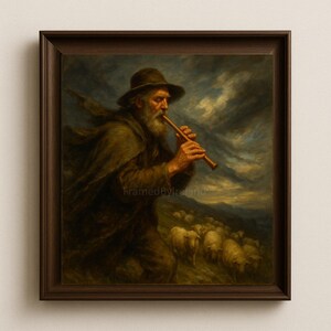 May include: A framed painting depicts a shepherd playing a flute, leading a flock of sheep. The artwork features a man in a hat and cloak, with a long beard, set against a dramatic, cloudy sky. The color palette is dominated by earthy tones.