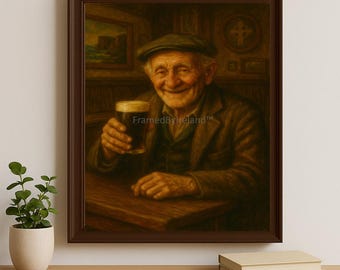 May include: A framed print depicting an elderly man with a pint of dark beer, smiling warmly. He's wearing a tweed cap and jacket, seated at a wooden table. The artwork has a warm colour palette, with the text "FramedByIreland" visible.