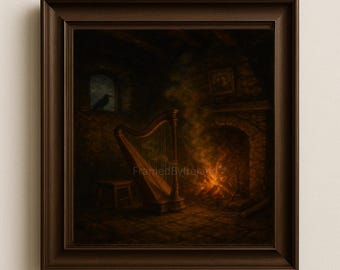 May include: A framed print of a room with a harp, fireplace, and a small stool. A raven sits on a window ledge. The artwork has a warm colour palette, with the harp as the focal point.