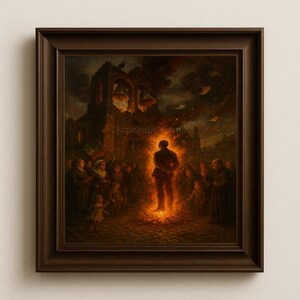 May include: A framed print of a dramatic painting depicting a figure engulfed in flames, standing before a crowd and a burning building. The artwork is set in a dark, somber color palette with a distressed aesthetic.