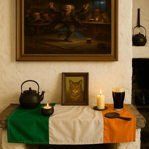 Może przedstawiać: Irlandzka aranżacja z oprawionym obrazem tańczącego mężczyzny w pubie, portretem kota, irlandzką flagą, kuflem stoutu, świecą i czajnikiem.