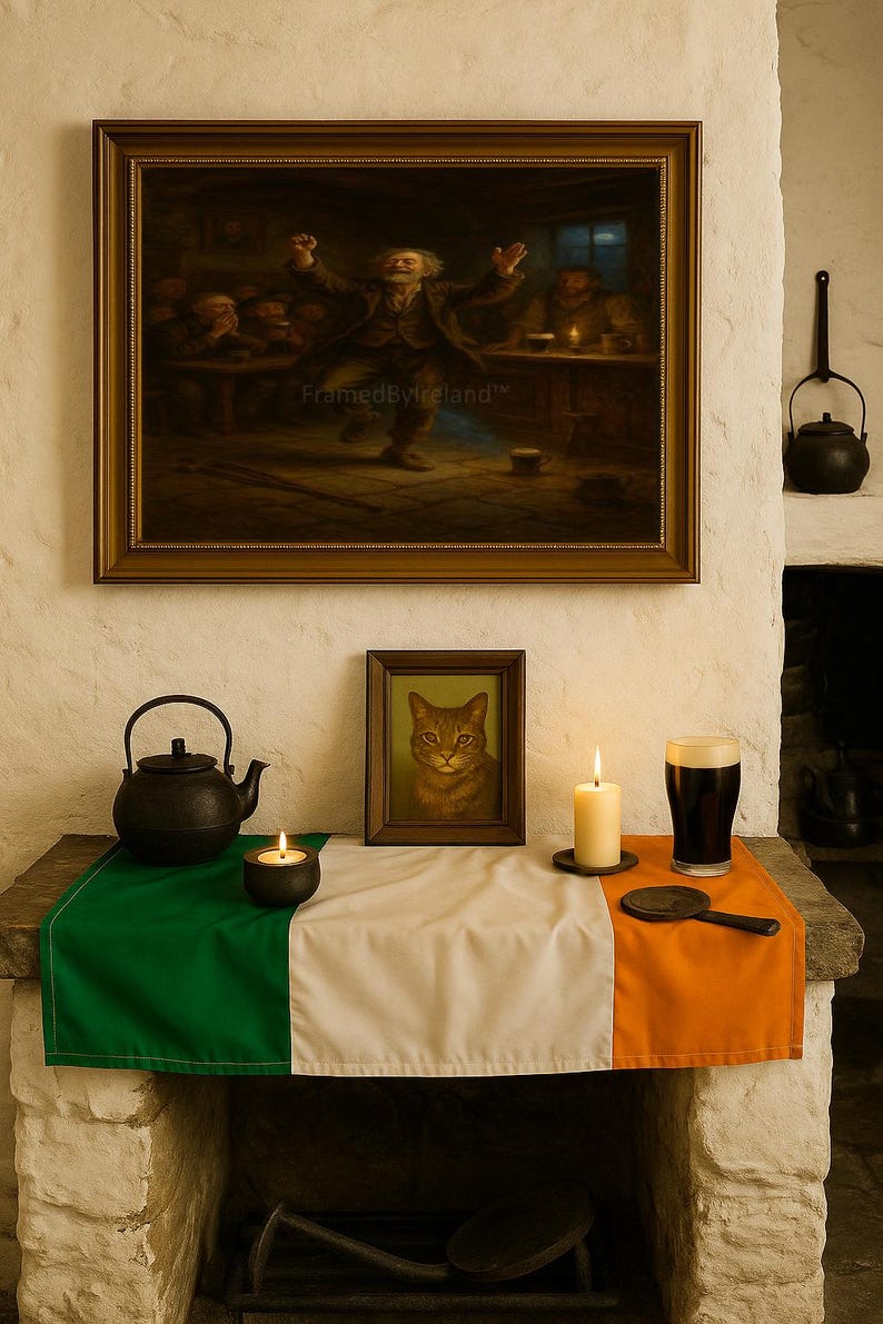 Może przedstawiać: Irlandzka aranżacja z oprawionym obrazem tańczącego mężczyzny w pubie, portretem kota, irlandzką flagą, kuflem stoutu, świecą i czajnikiem.