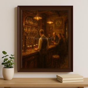 Last Call at the Corner Pub – Irish Bar Oil Painting Rustic Guinness Pub Scene Wall Art Celtic Vintage Nightlife Decor Digital Print 5 Sizes