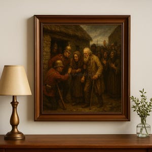 May include: A framed print of a historical painting depicting a somber scene. Soldiers in red uniforms interact with a group of people, including an elderly man with a long white beard and a woman. The artwork is set in a rural environment.