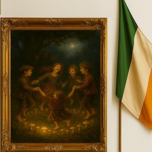 May include: A framed painting depicts children dancing in a circle around glowing mushrooms in a forest. The painting is in a gold ornate frame. An Irish flag hangs on the right side of the image.