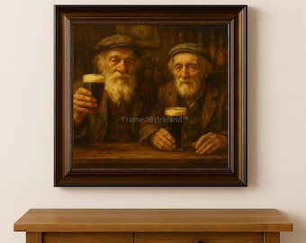 Grafika z irlandzkiego pubu – Dwóch starszych mężczyzn pijących piwo, sztuka ścienna w stylu vintage (do pobrania w wersji cyfrowej)