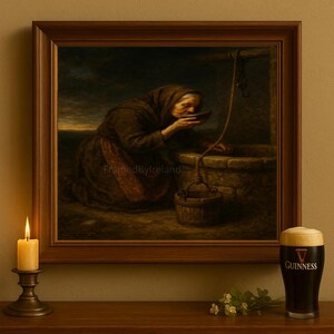 May include: A framed painting depicts an elderly person drinking from a bowl at a well. The painting is in a dark, muted color palette. A lit candle in a brass holder and a pint of Guinness are in the foreground.