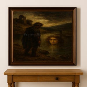 May include: A framed painting showing a man looking at a woman's face in water, with a castle in the background. The artwork has a dark, moody colour palette. The frame is dark brown.