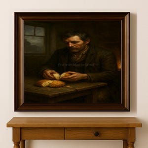 May include: A framed print of a painting depicting a man breaking bread at a wooden table. The artwork is in a dark, muted color palette, with the man as the central focus. The frame is a dark brown color.