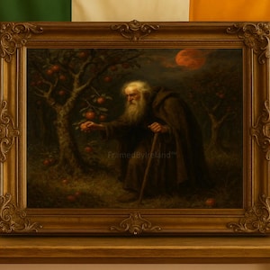 Ancient Irish Druid Picking Apples in Haunted Orchard – Celtic Pagan Wall Art | Dark Folklore Witch Decor | Digital Halloween Print Ireland