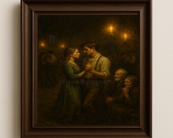 Puede incluir: Una impresión enmarcada de una escena romántica. Una pareja baila en el centro, rodeada de otros en una habitación con poca luz. La obra de arte tiene una paleta de colores cálidos con un marco marrón oscuro. El texto "FramedByIreland" es visible.