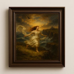 May include: A framed painting depicts a woman with flowing red hair and a white dress running joyfully along a cliffside. The artwork features a dramatic sky, ocean waves, and a distant building, all within a dark brown frame.