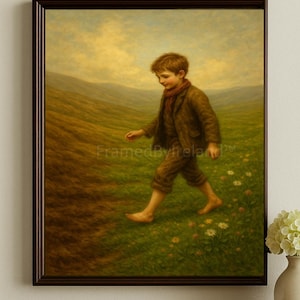 May include: Framed print of a barefoot child walking through a field of wildflowers. The child wears a brown suit and red scarf. The artwork has a vintage aesthetic with a brown frame and the text "FramedByIreland".