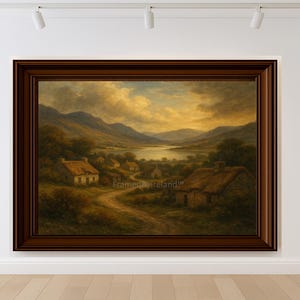 Domek nad Jeziorem Rustykalny Malarstwo Olejne Sztuka Irlandzka Celtycka Irlandia Muzeum Moody Antyczny Dom Ściana Cyfrowy Wydruk 5 Rozmiarów Vintage Dekor Irlandia