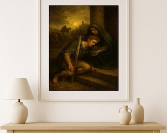 Puede incluir: Impresión enmarcada de una pintura histórica que representa una figura arrodillada con una espada, consolada por una mujer con una capa verde. La obra de arte presenta una paleta de colores sombría con un fondo de campo de batalla y un cielo tormentoso.