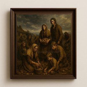 May include: A framed print of a historical painting depicting a group of people harvesting potatoes in a field. The artwork features somber tones and portrays figures in period clothing, with a dark, overcast sky in the background. The frame is a dark brown color.