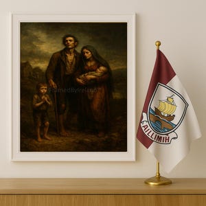 Puede incluir: Una impresión enmarcada de una pintura sombría que representa a una familia de cuatro personas en tonos apagados. Una pequeña bandera con un escudo y la palabra "AILLIMIH" se encuentra sobre una base dorada.