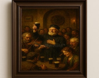 Irish Pub Priest Guinness Blessing Oil Painting – Vintage Bar Scene Art (Digital Download)