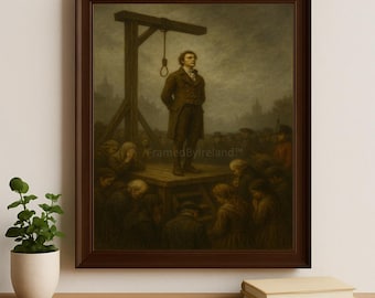 Puede incluir: Una impresión enmarcada representa una escena histórica de un hombre de pie en una plataforma debajo de una horca. La obra de arte presenta una multitud de personas, con el texto "FramedByIreland" visible. El marco es marrón oscuro.