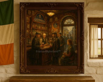 May include: A framed painting of an Irish pub interior, featuring a bar with patrons and the Guinness logo. The artwork is set in a dark wooden frame, with an Irish flag visible in the background. The scene evokes a sense of traditional Irish culture.