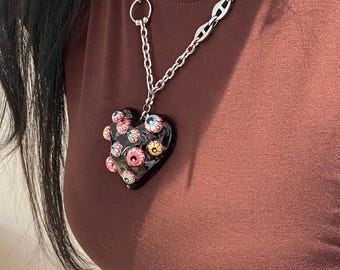 Gothic Eyeball Heart Necklace: Handmade Polymer Clay Pendant