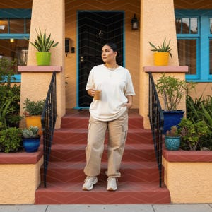 May include: A person wearing a cream-colored t-shirt, tan cargo pants, and white sneakers stands on red steps. The person is holding a beverage in a clear cup. The background features a peach-colored building with blue window frames and various potted plants.