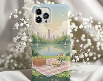 Funda para iPhone con diseño de picnic en Central Park y el horizonte de Nueva York en tonos pastel para Samsung y Google Pixel