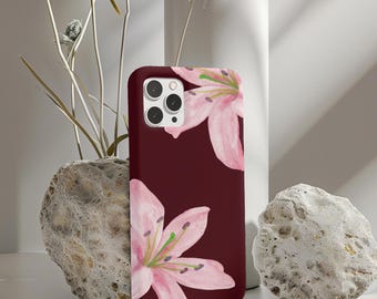 Pink Lily Floral Phone Case | Burgundy background, Slim tough case