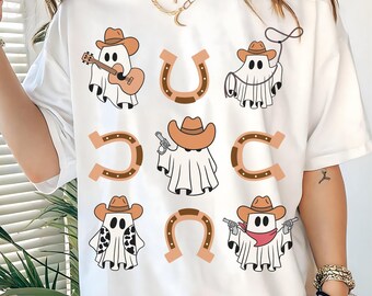 Western Halloween niedlichen Geist Shirt Komfort Farben Hufeisen Grafik Top gemütlich Herbst Outfit Cowgirl Spooky Saison Kleidung Rodeo Herbst Stil