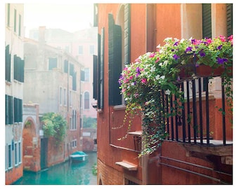 Venice Photography, Venice Canal Print,  Italy Print, Travel Wall Art, Home Decor. Flowered Balcony Photo