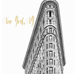 Art, Photography, New York Architecture, NYC, Flatiron, Black & White, New York City  Decor, City Print, Black, White, Gold Tone Lettering