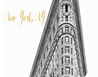 Art, Photography, New York Architecture, NYC, Flatiron, Black & White, New York City  Decor, City Print, Black, White, Gold Tone Lettering