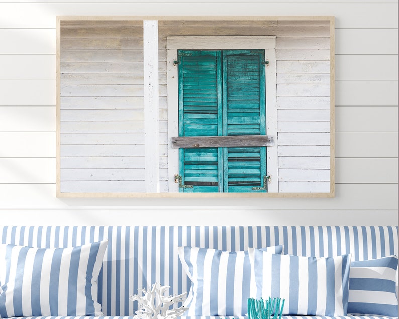 Turquoise Shutters Photo, Turquoise Home Decor Vintage Shutters Photograph, Cindy Taylor Print. Coastal Home Decor, Beach House Art, image 1