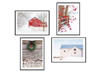 Set of Four Rural Winter Barn Images, Red barns, White Barns, Rustic Prints, Rural Scenes, Country Barn Prints