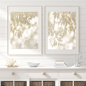 Bright Leaves Wall Art Set, Home Decor Print Set, Neutral Photography Prints, Boho Home, Taupe and White Decorating image 2